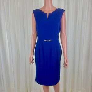 Women's Ellen Tracy Royal Blue Notched Neckline Midi Sheath Dress Career Size 8